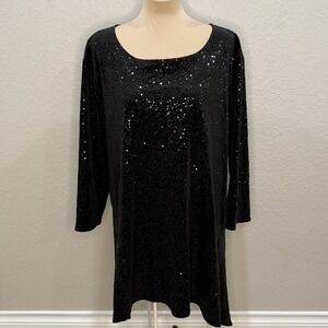 Caroline Rose Black Sequin Top 2X Made in USA Party Sparkle Oversized Blouse‎